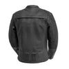 First MFG Nemesis men's motorcycle leather jacket, black with zipper details, featuring shoulder and arm padding for riding protection.