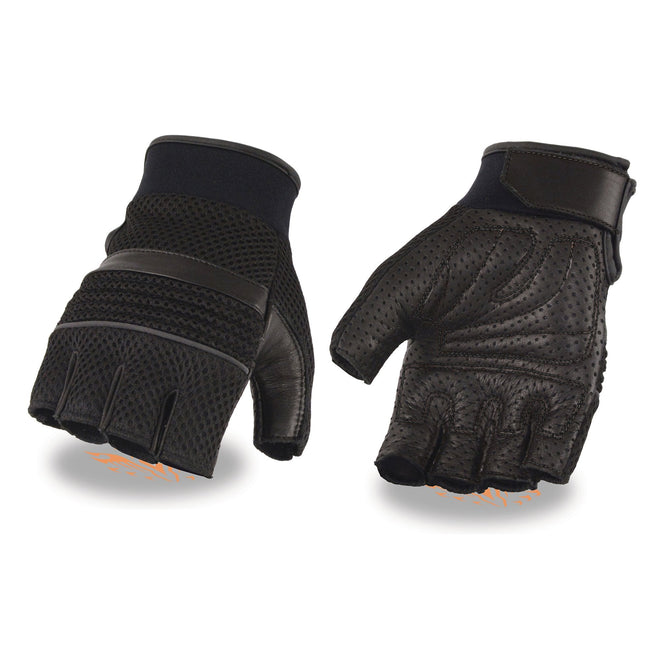 Milwaukee Leather men's black perforated mesh fingerless motorcycle gloves with gel palm and reflective piping for safety and grip.
