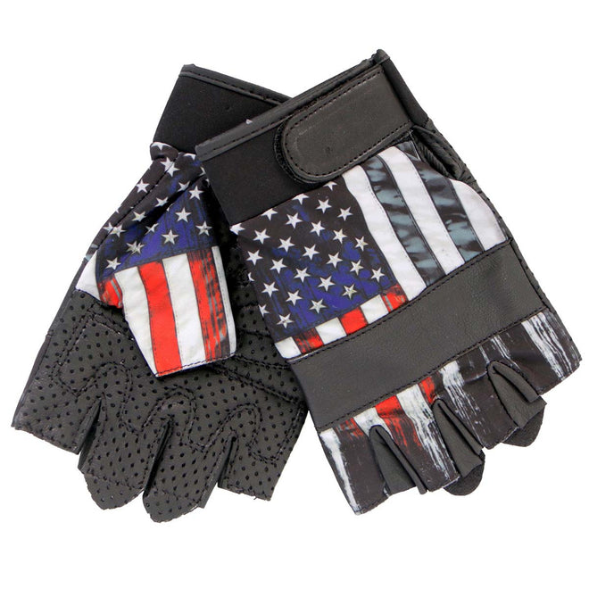 Black leather fingerless gloves with Heartbeat USA Flag design, unisex GVM3008 by Hot Leathers, showing detailed stitching and flag pattern