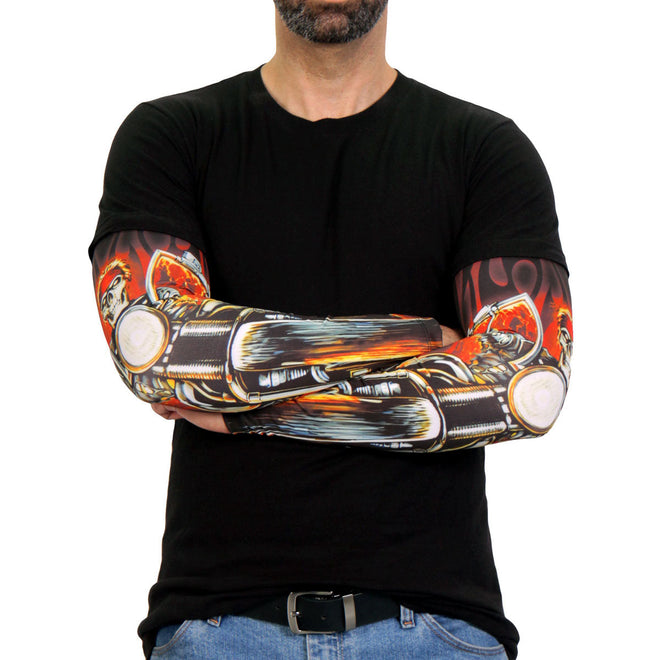 Hot Leathers Fire Biker Arm Sleeve showcasing a fiery design, made of durable fabric, ideal for motorcycle enthusiasts.