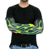 Green flame design Hot Leathers arm sleeve for motorcycle riders, made of durable fabric for protection and style.