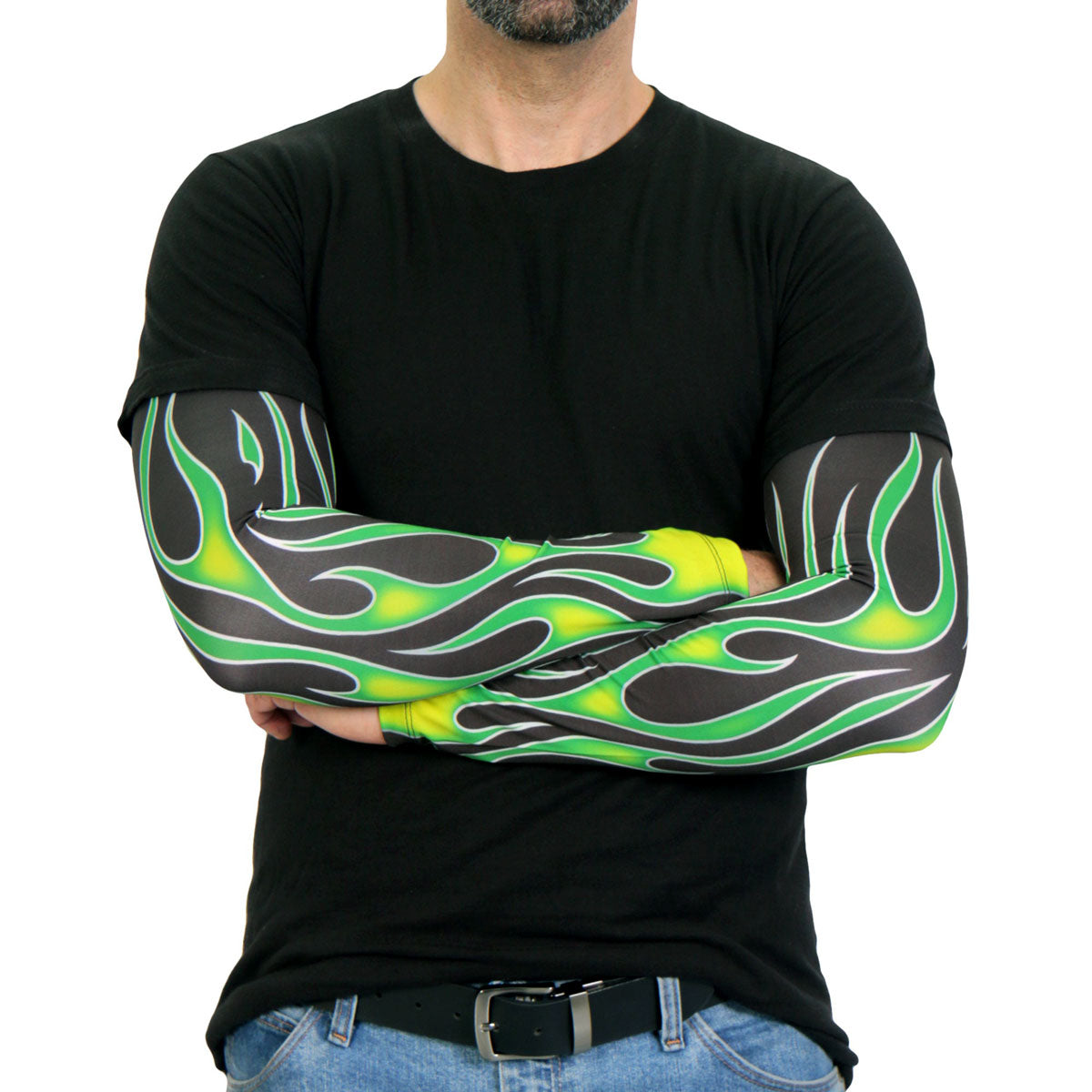 Green flame design Hot Leathers arm sleeve for motorcycle riders, made of durable fabric for protection and style.