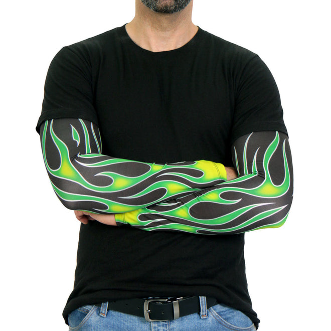 Green flame design Hot Leathers arm sleeve for motorcycle riders, made of durable fabric for protection and style.
