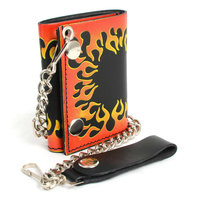 Milwaukee Leather men's 4-inch flamed leather tri-fold biker wallet with anti-theft stainless steel chain displayed on a white background.