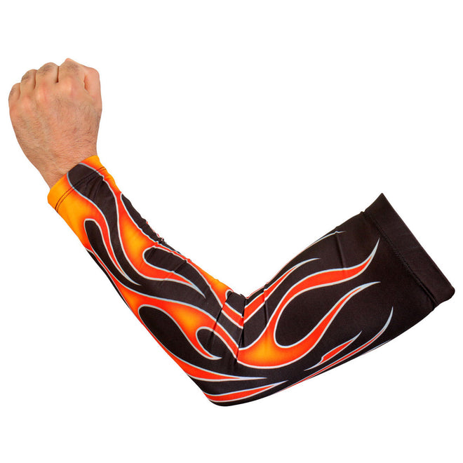Hot Leathers Flames Orange Arm Sleeve showing vibrant flame design and snug fit on a motorcycle arm sleeve.