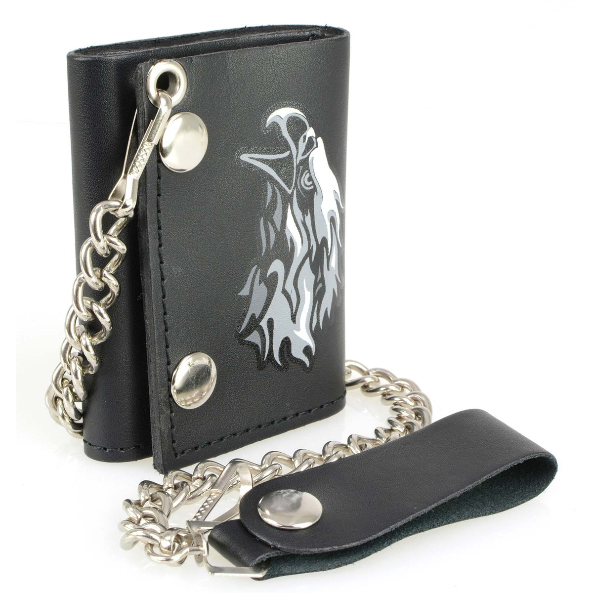 Milwaukee Leather men's 4-inch flaming eagle tri-fold leather wallet with anti-theft stainless steel chain.