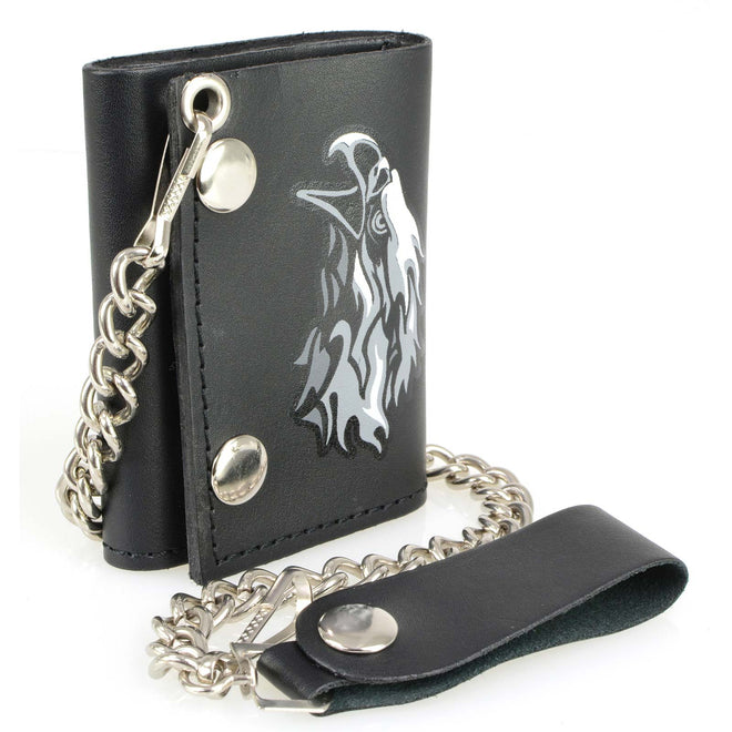 Milwaukee Leather men's 4-inch flaming eagle tri-fold leather wallet with anti-theft stainless steel chain.