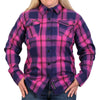 Hot Leathers ladies long sleeve flannel shirt in pink, navy, and brown with a casual, stylish textile design.