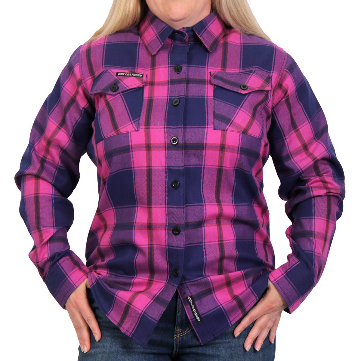 Hot Leathers ladies long sleeve flannel shirt in pink, navy, and brown with a casual, stylish textile design.