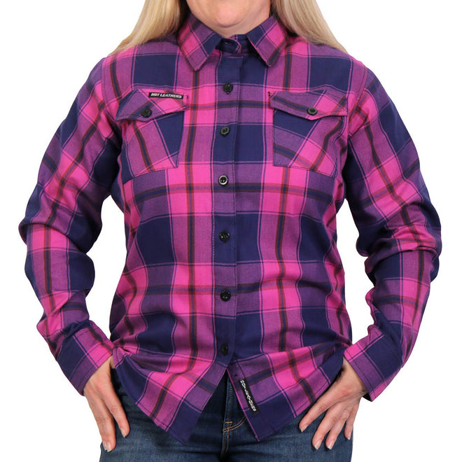 Hot Leathers ladies long sleeve flannel shirt in pink, navy, and brown with a casual, stylish textile design.