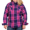 Hot Leathers long sleeve flannel in pink, navy, and brown for ladies, stylish textile clothing with a soft, comfortable fit.