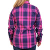 Hot Leathers long sleeve flannel shirt for ladies in pink, navy, and brown with a casual, comfortable textile design.
