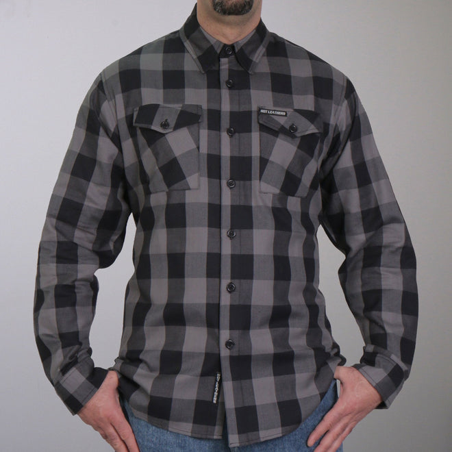 Black and gray long sleeve flannel shirt for men by Hot Leathers, featuring a classic plaid design and button-up front.