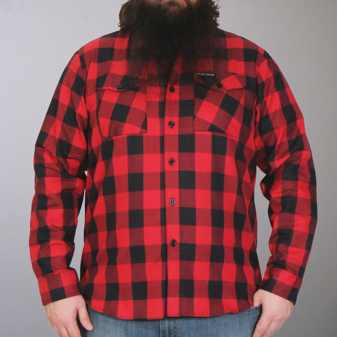 Hot Leathers men's black and red long sleeve flannel shirt, textile clothing with button-up front and classic plaid pattern.