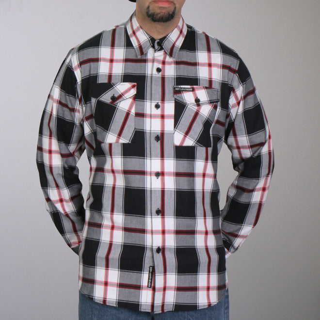 Hot Leathers men's black, white, and red long sleeve flannel shirt with a classic plaid design, made from textile fabric.