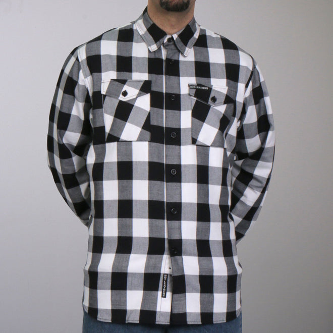Men's black and white long sleeve flannel shirt by Hot Leathers, featuring classic plaid pattern and button-up design.