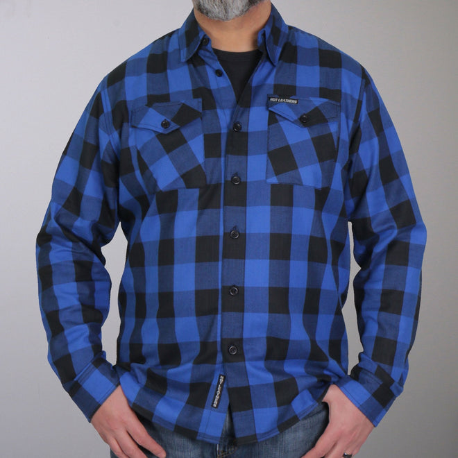 Men's black and blue long sleeve flannel shirt by Hot Leathers, featuring a stylish checked pattern and casual fit.