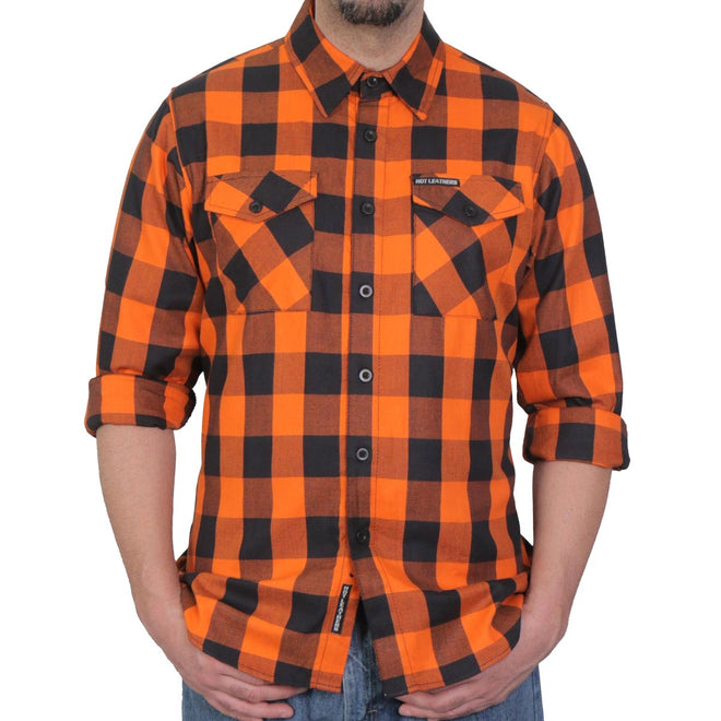 Men's orange and black long sleeve flannel shirt by Hot Leathers, featuring classic plaid pattern and button-up design.