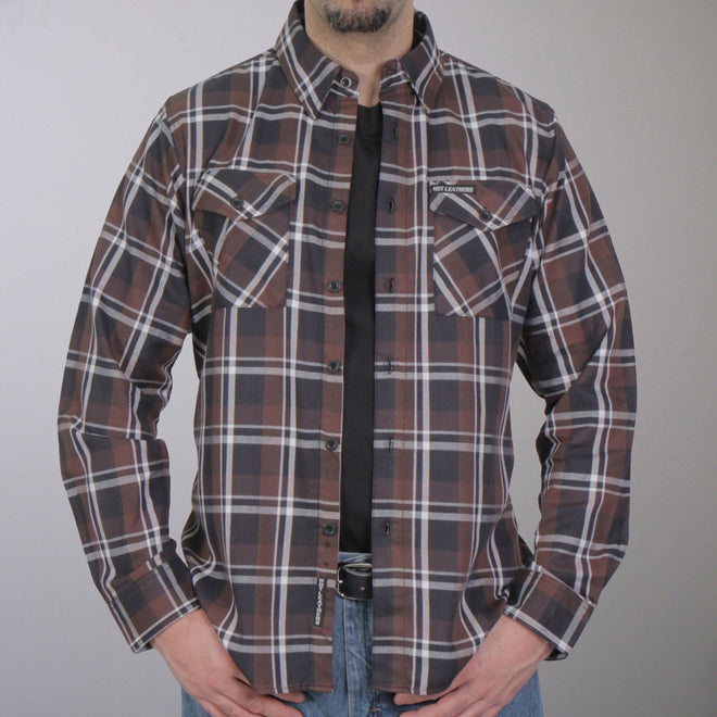 Men's brown, black, and white long sleeve flannel shirt by Hot Leathers with a classic textile design and button front.