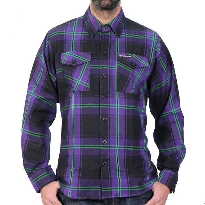 Men's Hot Leathers Voodoo flannel long sleeve shirt in black and red with a bold graphic design on the front.