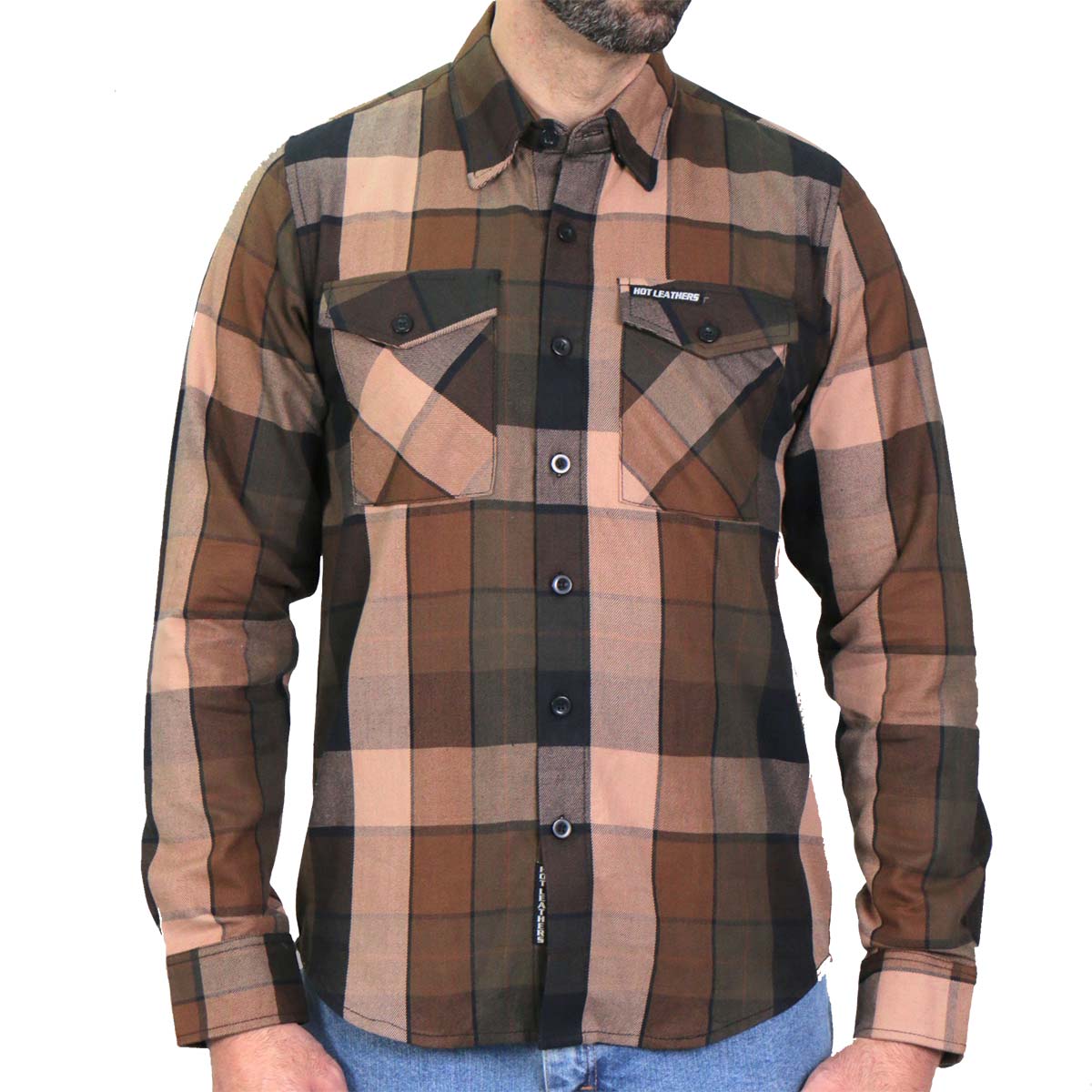 Hot Leathers men's Sidewinder flannel long sleeve shirt with a checkered pattern, soft textile fabric, and button-up front.