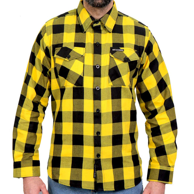Men's Hot Leathers Gold and Black flannel long sleeve shirt with plaid pattern and button-up front, casual textile clothing.