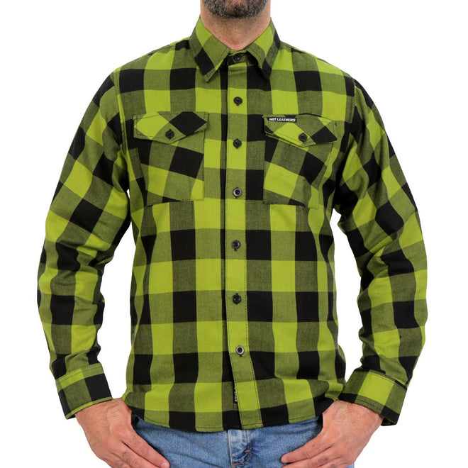 Men's black and light green long sleeve flannel shirt by Hot Leathers, showcasing soft fabric and casual style.
