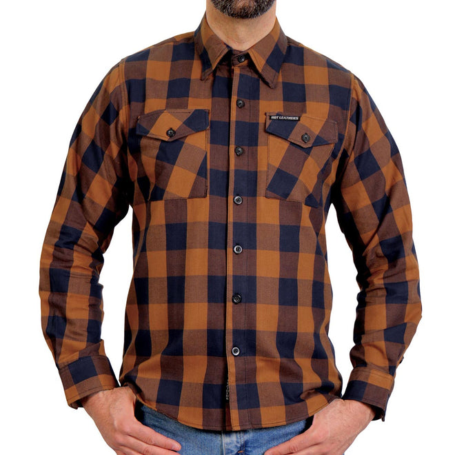 Men's brown and navy long sleeve flannel shirt by Hot Leathers, featuring a classic plaid design and button-up front.