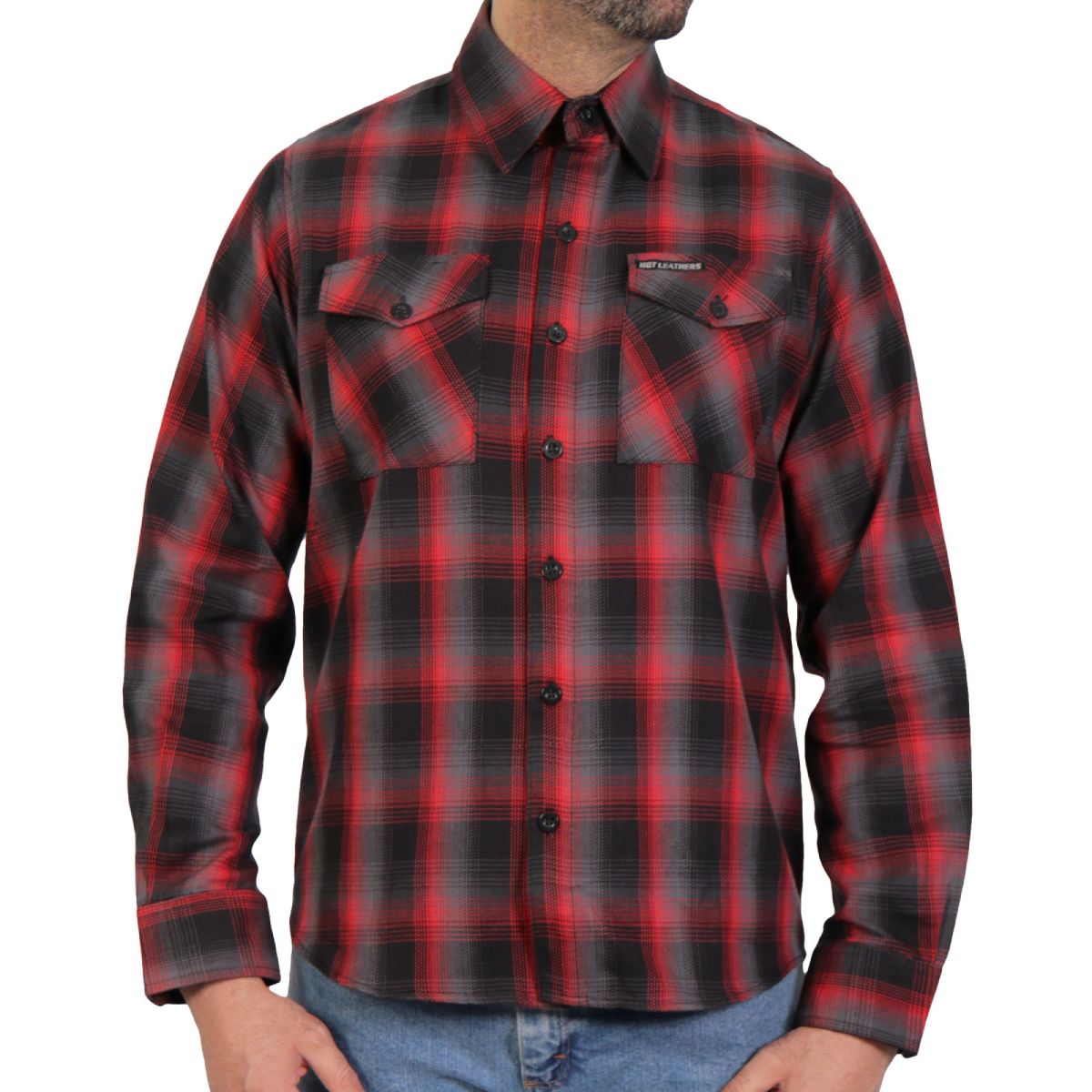 Men's red and gray long sleeve flannel shirt by Hot Leathers, featuring classic plaid textile clothing with button closure and collar.