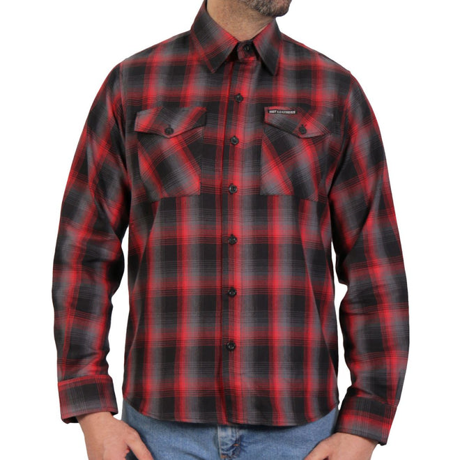 Men's red and gray long sleeve flannel shirt by Hot Leathers, featuring classic plaid textile clothing with button closure and collar.