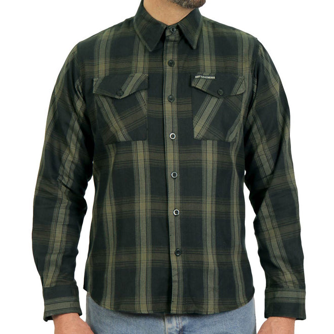Men's black and green long sleeve flannel shirt by Hot Leathers, featuring a classic plaid design and button-up front.