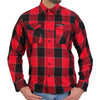 Men's red, black, and gray long sleeve flannel shirt by Hot Leathers, featuring a classic plaid design and comfortable textile fabric.