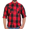 Men's red, black, and gray long sleeve flannel shirt by Hot Leathers, featuring classic plaid textile clothing.