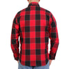 Men's red, black, and gray long sleeve flannel shirt by Hot Leathers, casual textile clothing with a classic plaid design.