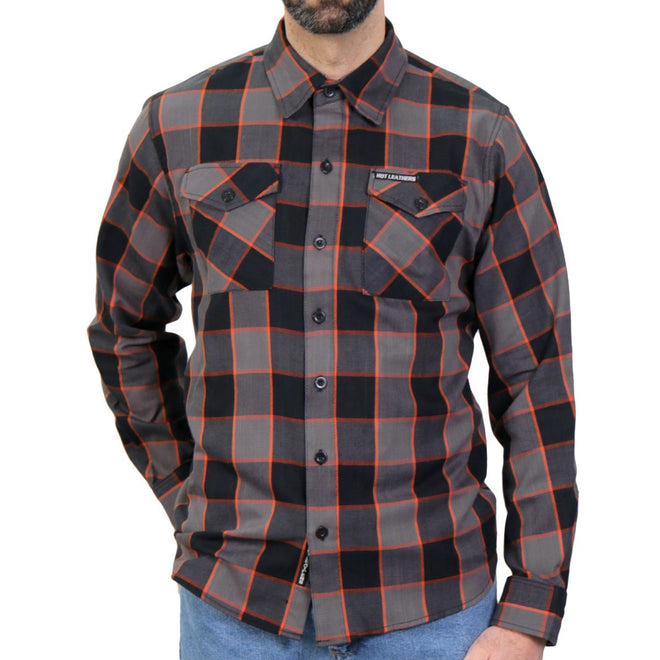 Men's Hot Leathers flannel long sleeve shirt in black, gray, and orange with a casual textile clothing style.