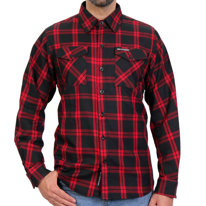 Men's red and black flannel long sleeve shirt by Hot Leathers, classic textile clothing with button-up front and plaid pattern.