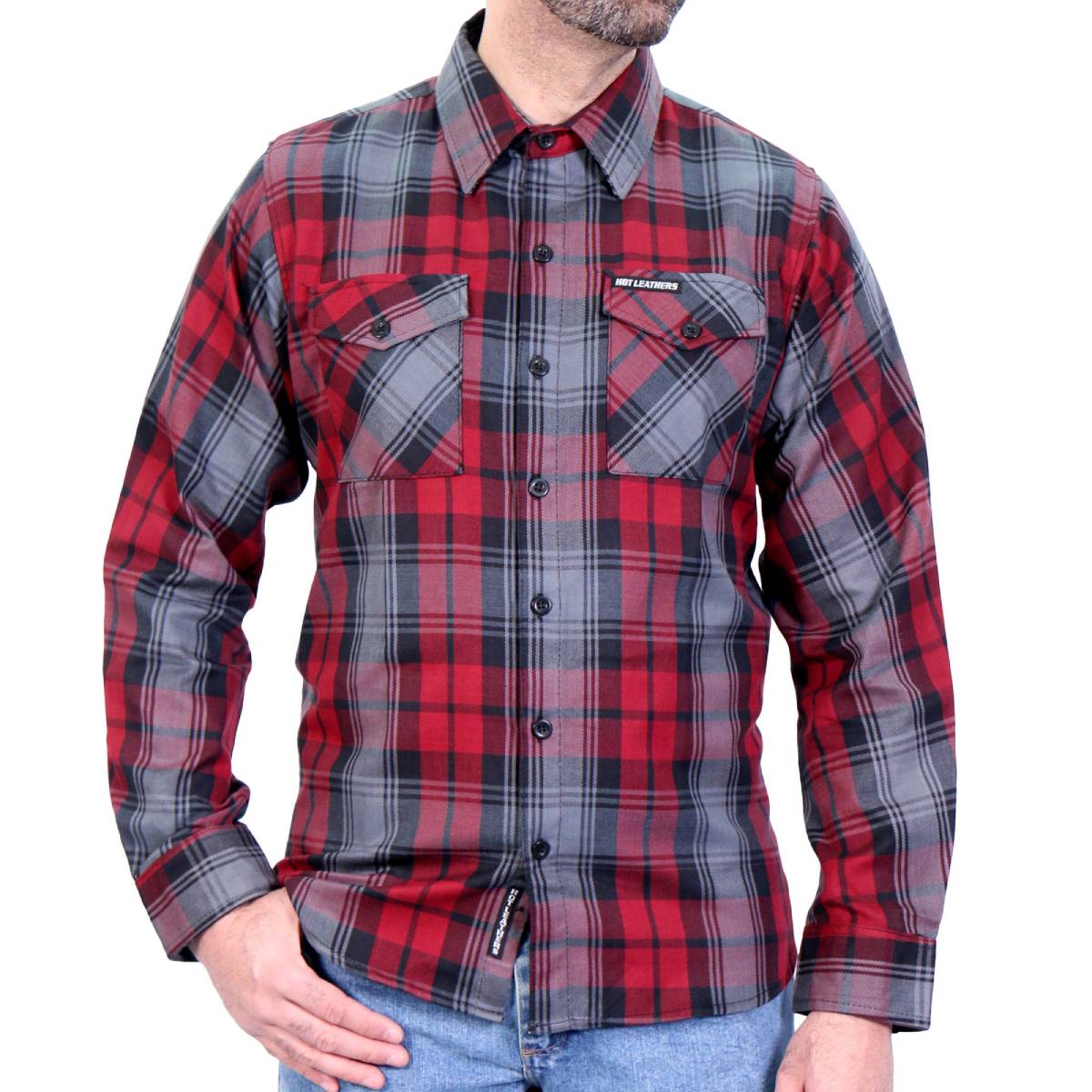 Men's Hot Leathers flannel long sleeve shirt in black, gray, and red with a button-up design and classic plaid pattern.