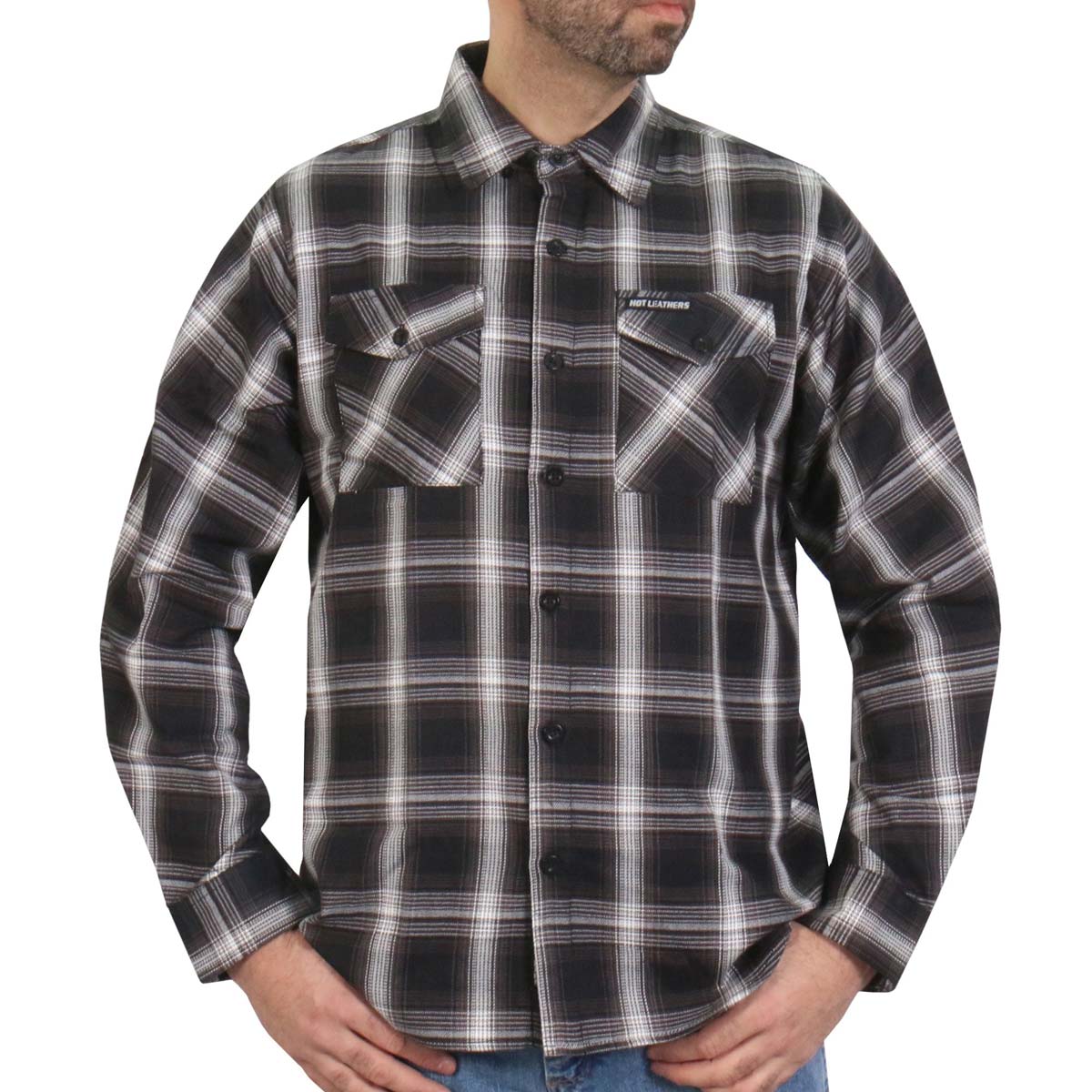 Men's white and black flannel long sleeve shirt by Hot Leathers, casual textile clothing with a classic plaid design.