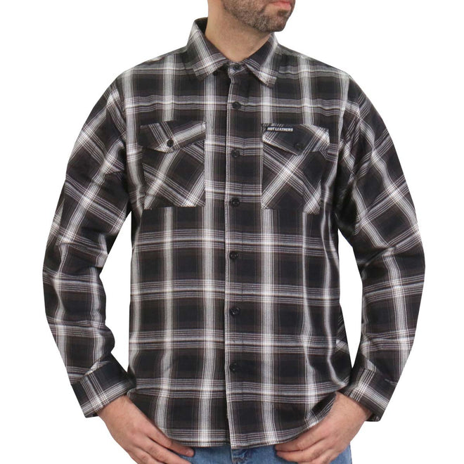 Men's white and black flannel long sleeve shirt by Hot Leathers, casual textile clothing with a classic plaid design.