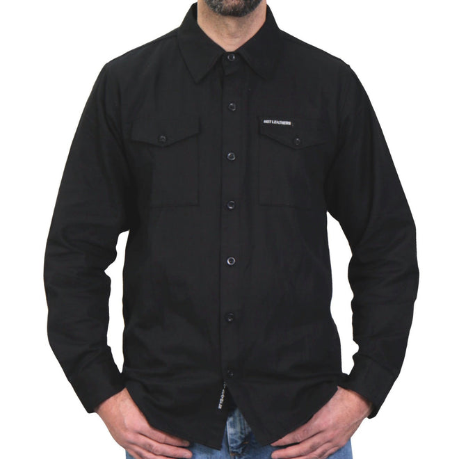 Hot Leathers men's solid black flannel long sleeve shirt displayed on a hanger, showcasing classic casual textile clothing style.
