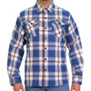 Hot Leathers men's flannel long sleeve shirt in blue, white, and red with a classic plaid pattern.