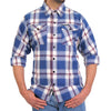 Men's Hot Leathers flannel long sleeve shirt in blue, white, and red with a classic plaid pattern, made from textile clothing fabric.