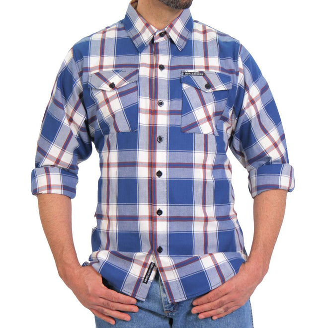 Men's Hot Leathers flannel long sleeve shirt in blue, white, and red with a classic plaid pattern, made from textile clothing fabric.