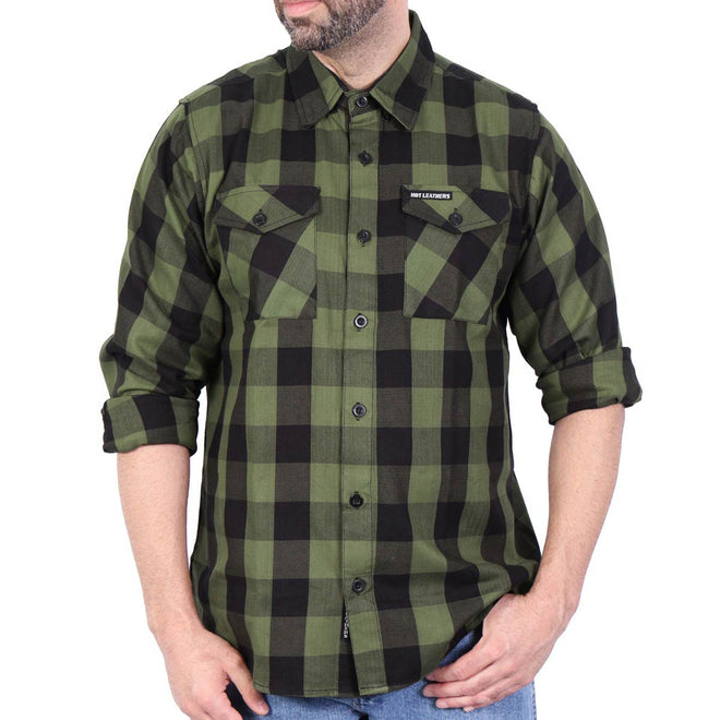 Men's OD green and black long sleeve flannel shirt by Hot Leathers, featuring a textile clothing design with a button-up front.