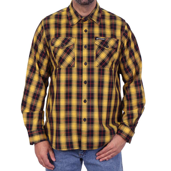 Hot Leathers men's long sleeve flannel shirt in yellow, red, and black with a plaid pattern, made of soft textile fabric.