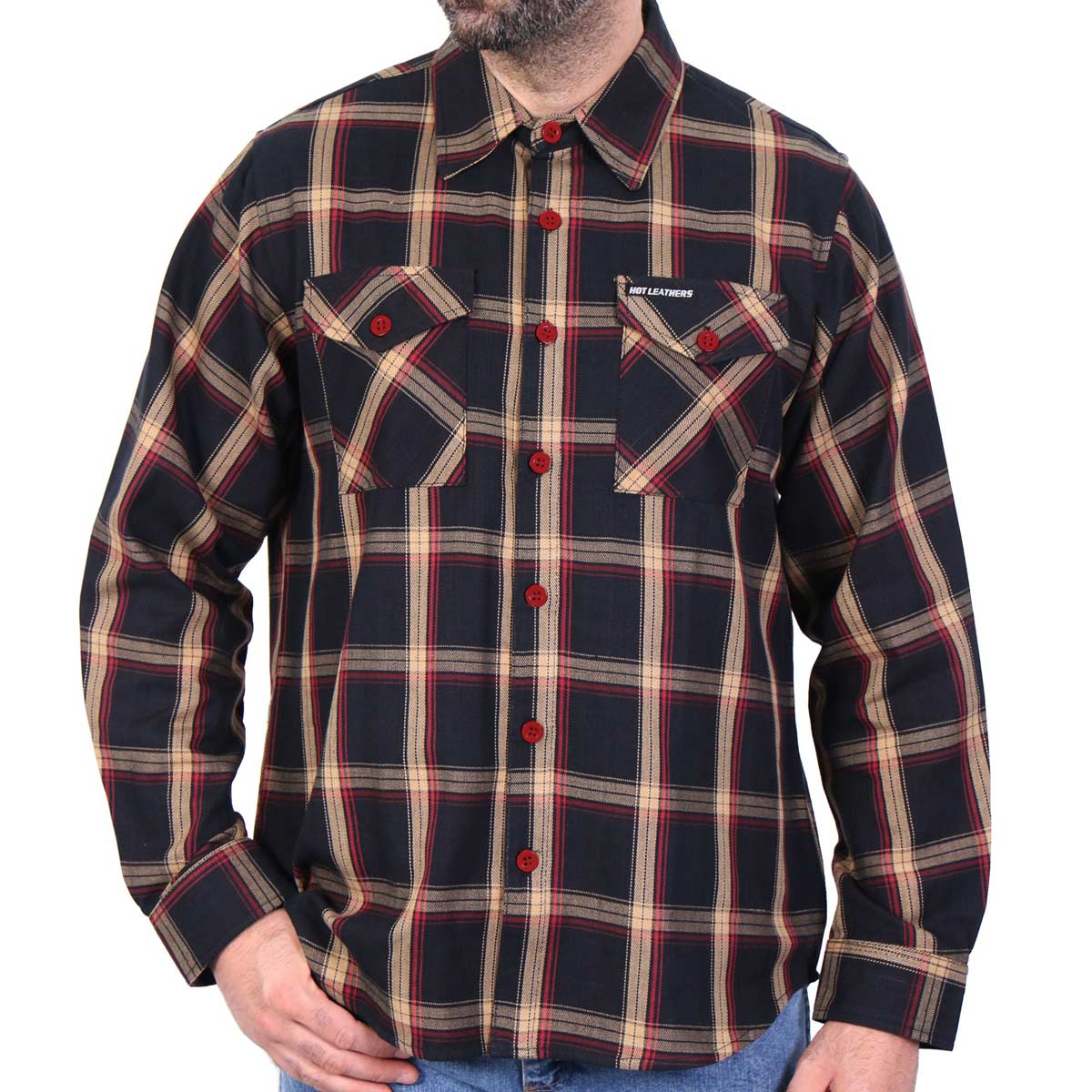 Men's black, tan, and red long sleeve flannel shirt by Hot Leathers, featuring classic plaid design and button-up style.
