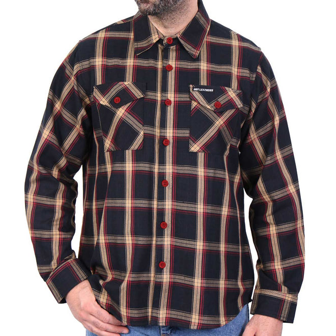 Men's black, tan, and red long sleeve flannel shirt by Hot Leathers, featuring classic plaid design and button-up style.