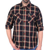 Men's black, tan, and red long sleeve flannel shirt by Hot Leathers, featuring classic plaid design and button-up style.