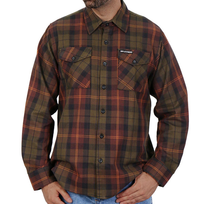 Men's long sleeve flannel shirt by Hot Leathers featuring green, orange, and brown plaid pattern, casual textile clothing.