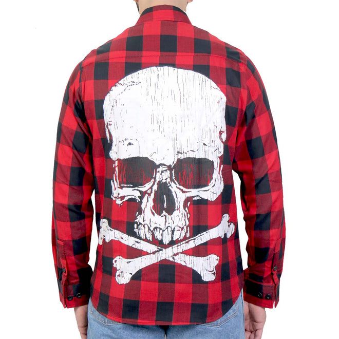 Hot Leathers men's Skull and Bones flannel long sleeve shirt with skull and bone graphic on textile clothing.